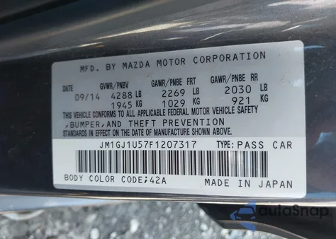 2015 Mazda Mazda6 I Sport из США, поврежденный, VIN JM1GJ1U57F1207317